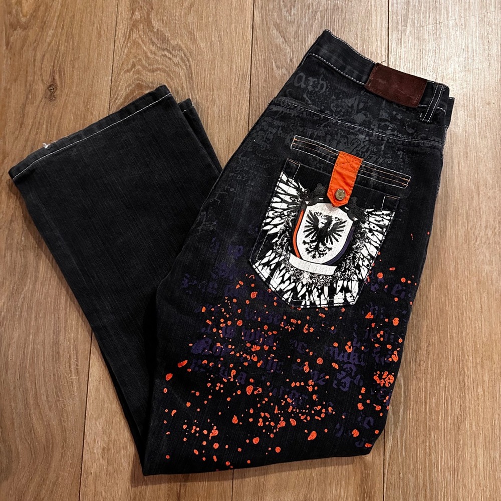Attitude Gold Brooklyn Fit Mens Black Jeans Paint Splatter Eagle Crest 36x32